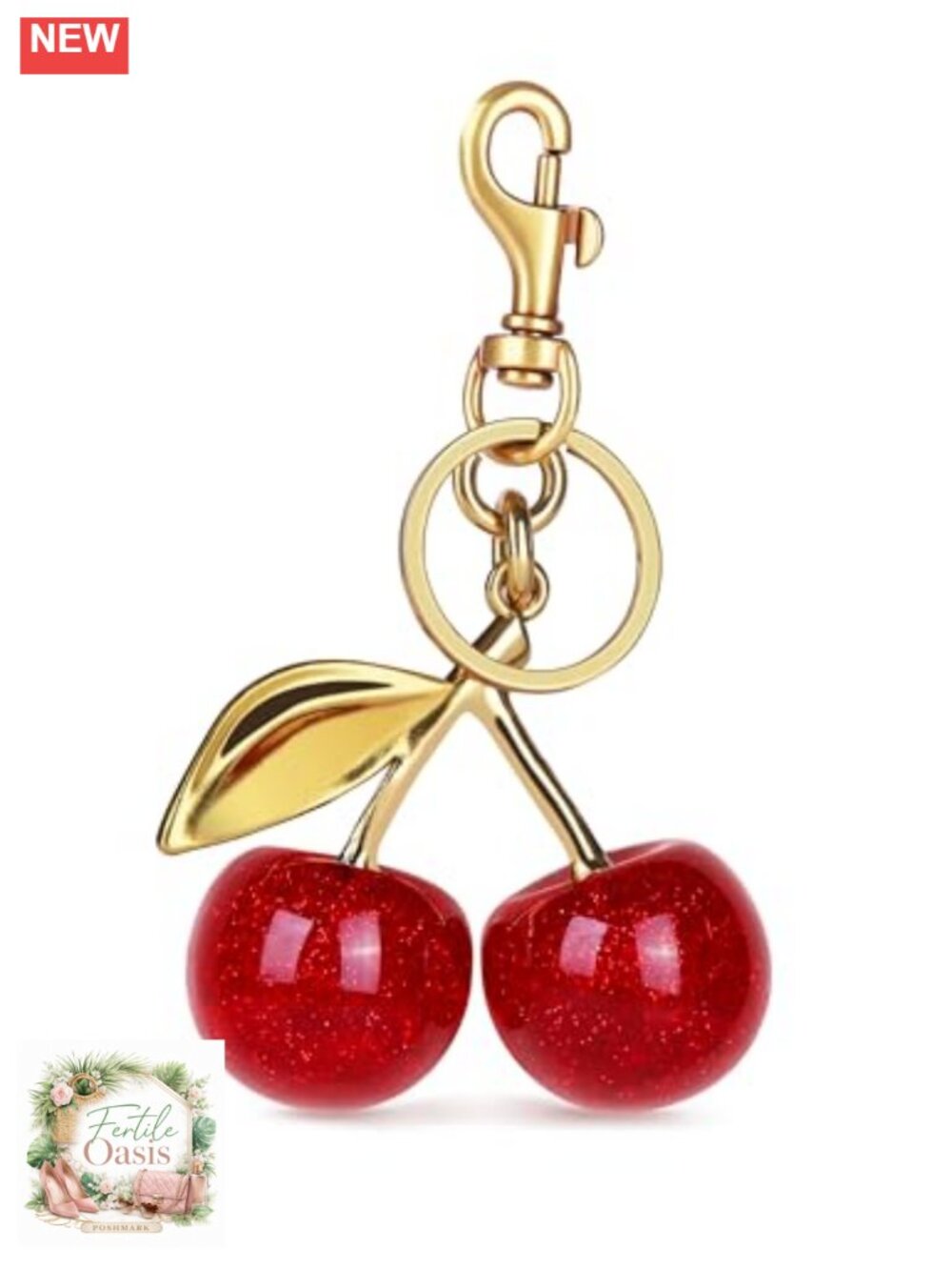 Cherry Purse Charm Keychain Gold Plated Resin Metal Glitter Bag Accessory